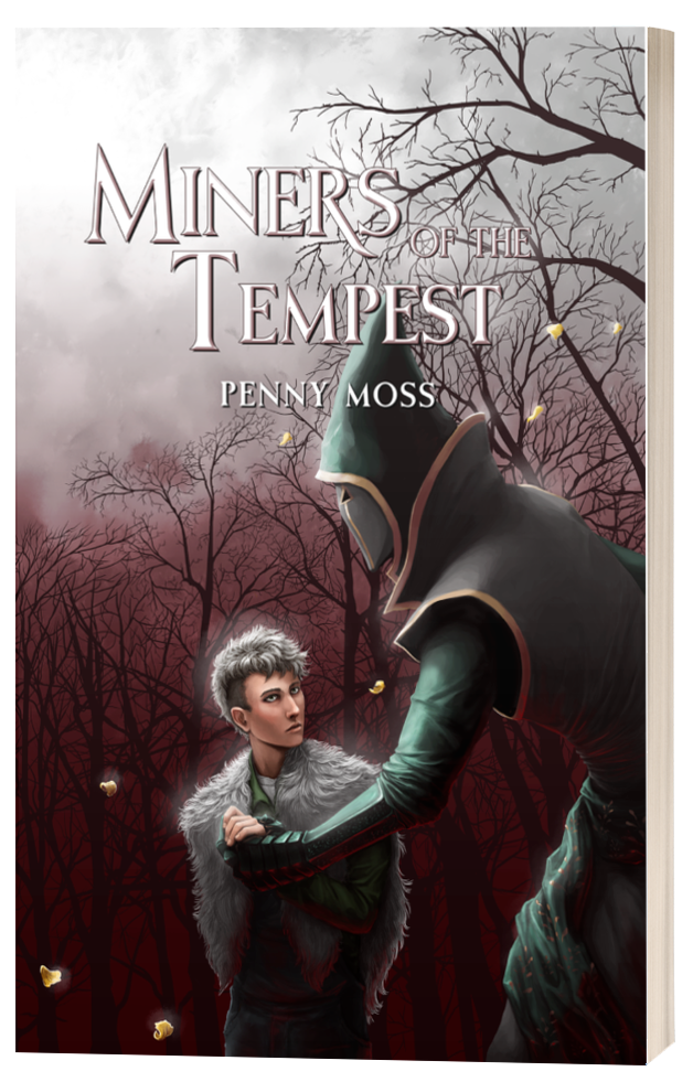 mm monster romance coil of boughs by author penny moss, book cover art with two dark trees as a frame. Inside, two silhouettes in a smokey orange fiery atmosphere. A very tall demon with goat horns and a deer-skull mask, the other an archer in a cloak.