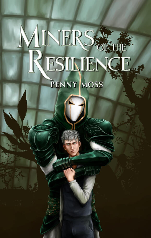 miners of the mystics mm romance by author penny moss. Blond twink wearing white fur cape reaching out for clawed gauntlet in front of blue double doors and dark pine trees in the snowy mountains.